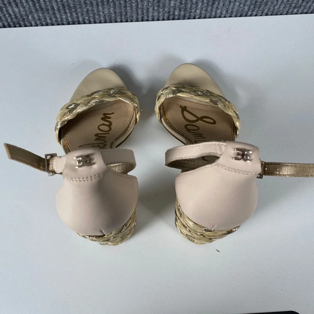 Sam Edelman Yaro Block Heel Sandals Beige Gold Braided Straw Leather 7 SU - Picture 2 of 5